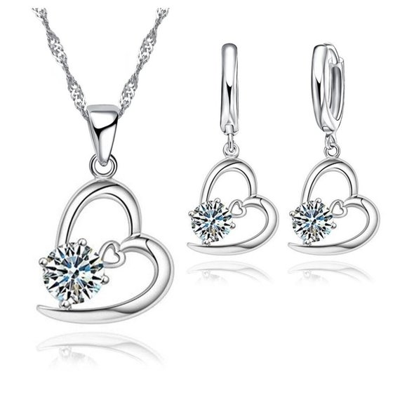 Jewelry - Heart Tear Drop Necklace And Earrings 925 Sterling Silver Set Gift